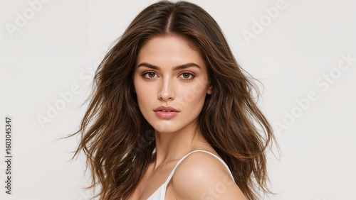 Mirada hipnótica de una joven modelo con penetrantes ojos verdes y un pelo castaño claro que flota con movimiento, sobre un fondo de estudio minimalista