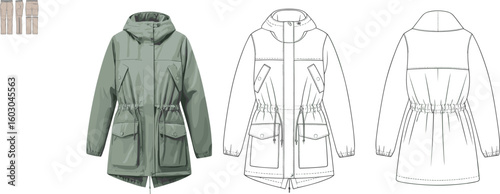 Hooded jacket CAD drawing, flat vector fashion illustration with flap pockets, drawstring waist, elastic cuffs, front back outline views