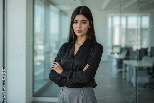 Confident businesswoman with arms crossed in modern office setting Free Download Confident businesswoman with arms crossed in modern office setting - GFXLoad