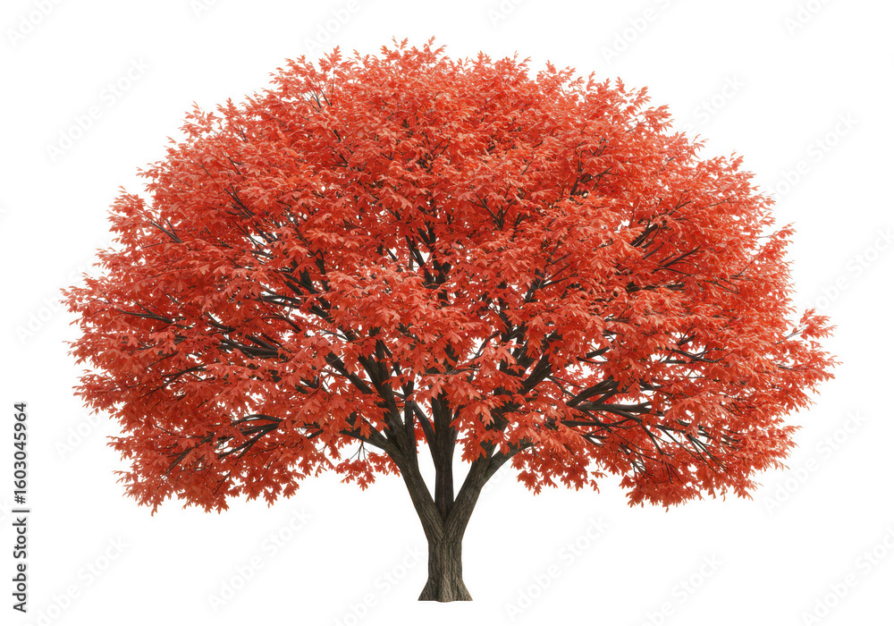 Fototapeta premium Red leafed tree with a brown trunk, isolated on transparent background