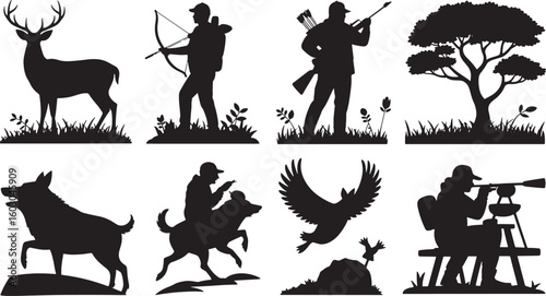 Hunting Silhouette Collection Deer Hunter Dog Eagle Tree Wildlife Outdoorsman Pursuit Vector