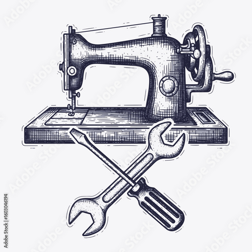 Home appliance repair icons display vintage sewing machine, along with crossed screwdriver and wrench, symbolizing maintenance. 