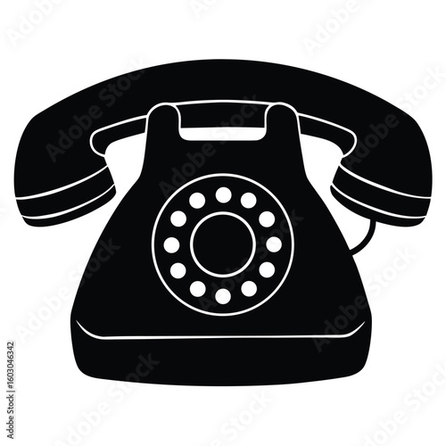 Black Silhouette of a Rotary Dial Telephone Classic Design Home Phone Communication