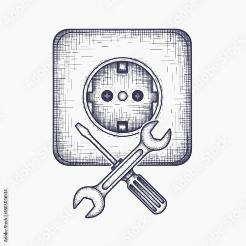 Home appliance repair icons showcasing electrical outlet alongside screwdriver and wrench. Handy tools enable home appliance repair for electricity issues at home, ensuring safety.