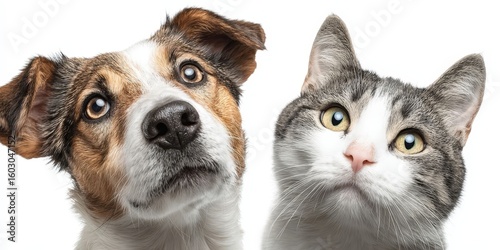 Pets Banner with Dog and Cat Looking Up for Treats on White Background