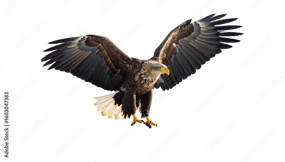 Fototapeta premium Eagle landing on rocky peak wildlife capture isolated on transparent background.