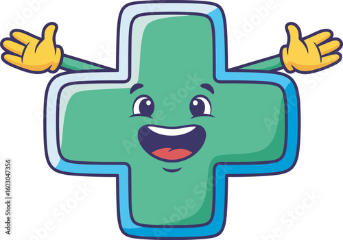 A cheerful cartoon cross character with arms outstretched, smiling widely, and welcoming.