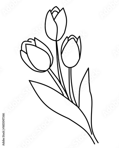 Minimalist line art of three tulips in bloom. Elegant botanical illustration ideal for tattoo designs, floral prints, or nature-themed projects.