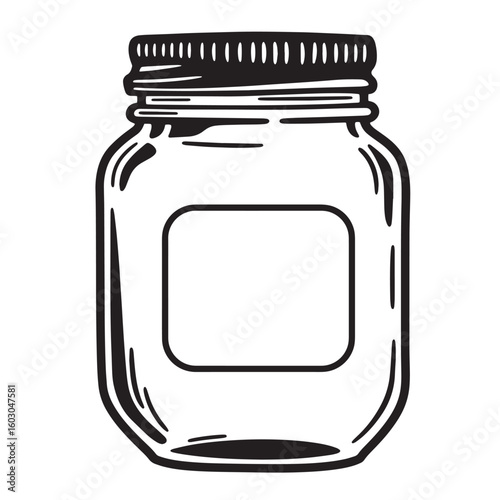 A classic vintage art depiction of a mason jar in a clean black and white line art style with a rectangular label area