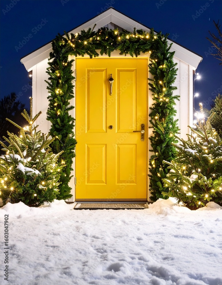 Fototapeta premium yellow door with lush green vine at Christmas night