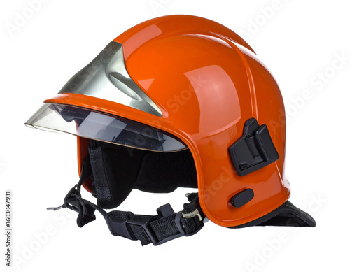 Bright orange firefighter helmet with visor, angled view, protective gear for emergencies, isolated on white.