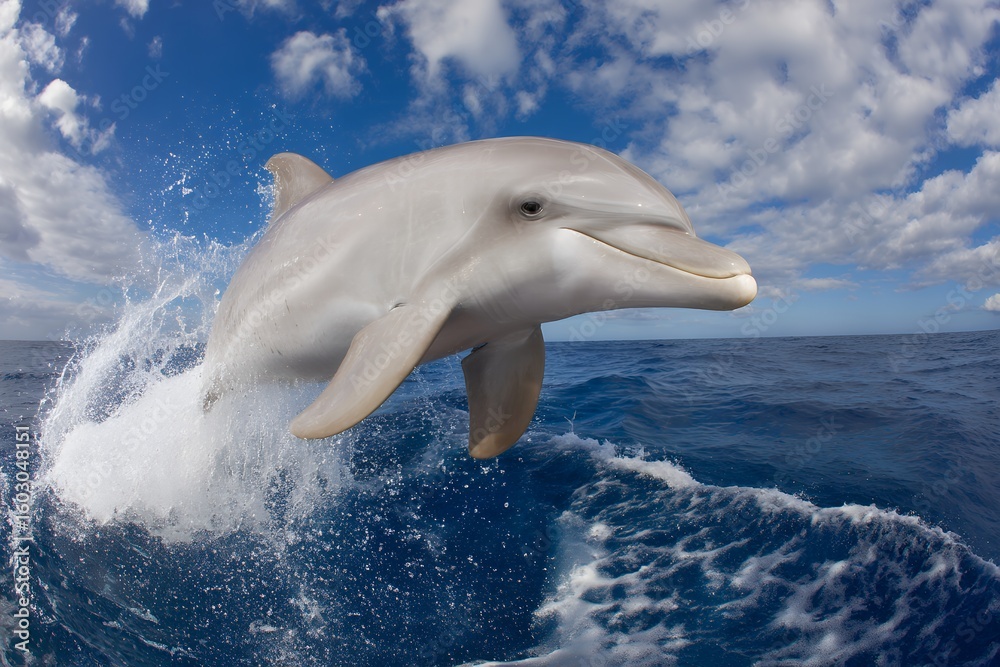 Fototapeta premium Energetic dolphin breaching ocean water under a clear blue sky