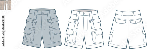 Cargo shorts CAD drawing, flat vector fashion illustration with buckle accents, flap and zip pockets, front and back views
