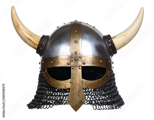 Ancient Viking helmet with horns and metal details, angled view, a symbol of Norse warriors, isolated on white.
