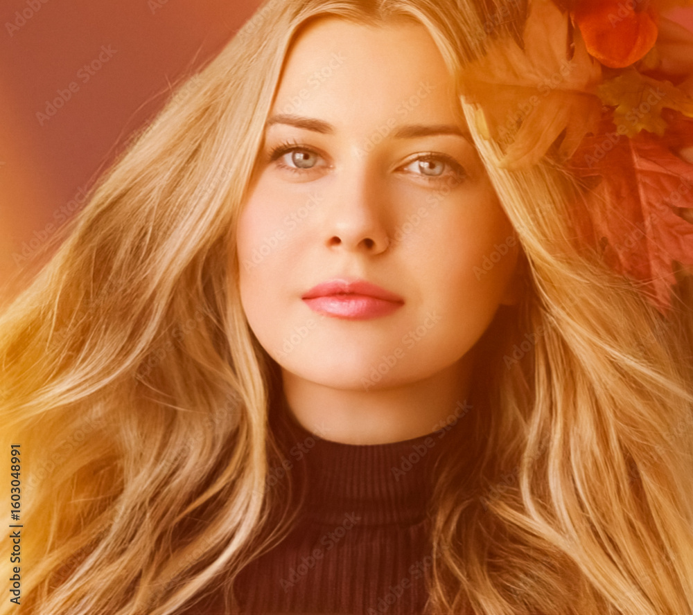 Fototapeta premium Autumn season beauty skincare and hair care, cosmetics and autumnal fashion, beautiful woman, blue eyes and blonde hairstyle, model natural face make-up