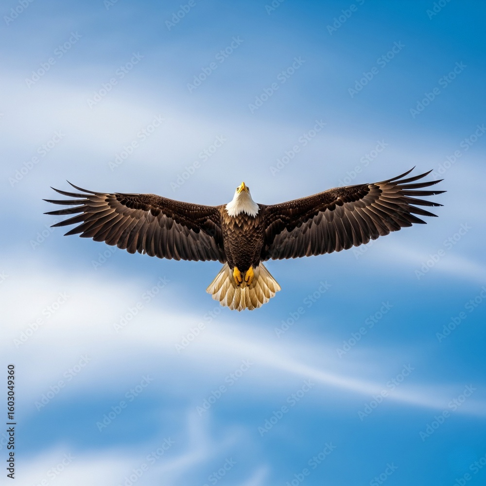 Fototapeta premium Majestic Bald Eagle Soaring Against Blue Sky