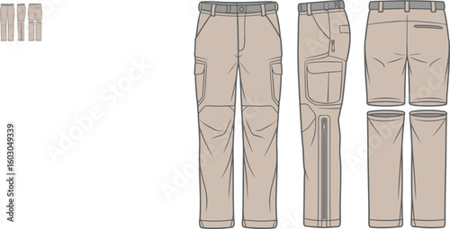 Convertible cargo pants CAD drawing, flat vector fashion illustration with zip-off legs, pockets, stitching details, front side back views