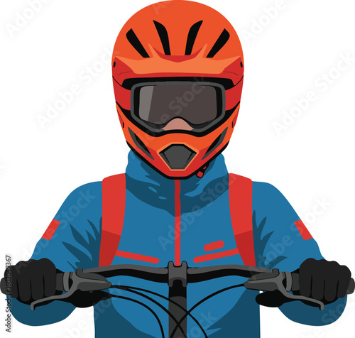 Mountain biker with orange helmet and blue jacket holding handlebars vector illustration 