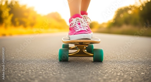 Young girl in pink leopard print high top sneakers rides a skateboard