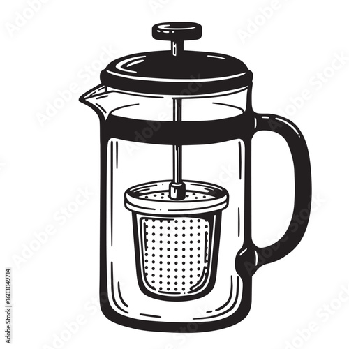Artistic hand drawn illustration of a classic french press coffee maker brewing freshly ground coffee perfect for vintage art aesthetics.