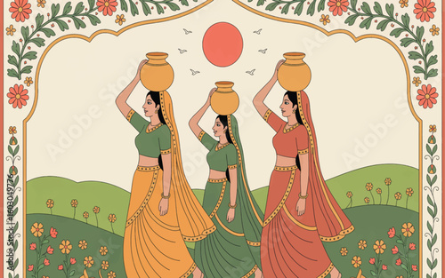 The women wear traditional Indian clothing - one in orange-brown, one in green, and one in rust-colored saris with gold trim details 