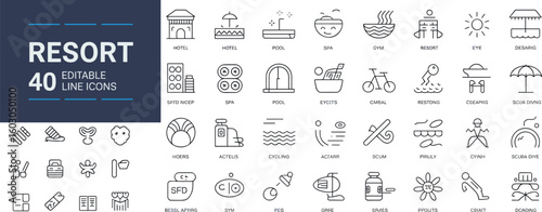 Collection of 40 editable line icons for resort and travel themes hotel pool