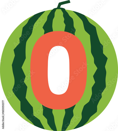 Watermelon with red zero numeral vector illustration in green and dark green colors for summer design projects