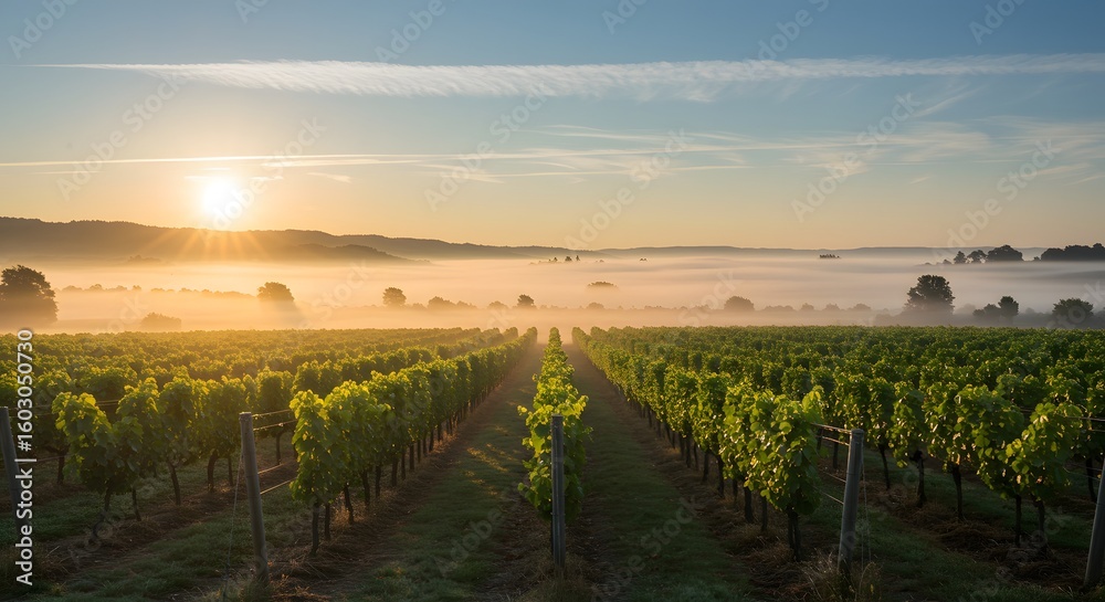Naklejka premium Vineyard at Sunrise with Fog and Rolling Hills