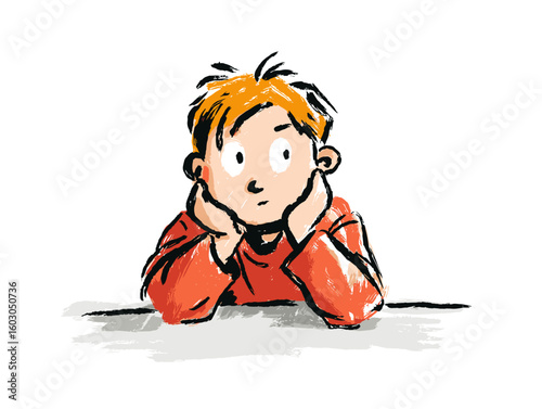 Child contemplating while resting chin on hands in hand-drawn style  