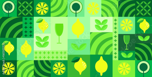 Lemon geometric background. Vector minimalist style pattern. Abstract illustration of lemon, leaves, symbols. Simple icon.	
