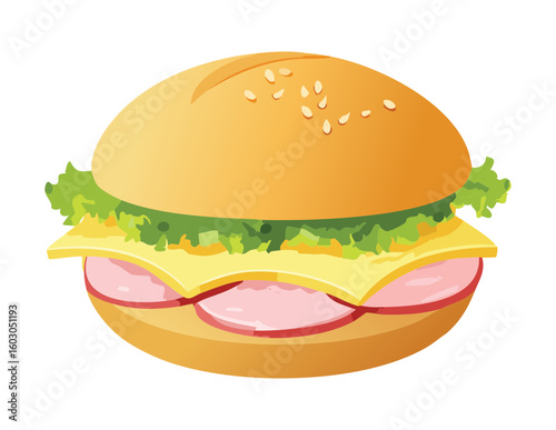 Savory Ham and Cheese on Sesame Bun - Vector Illustration