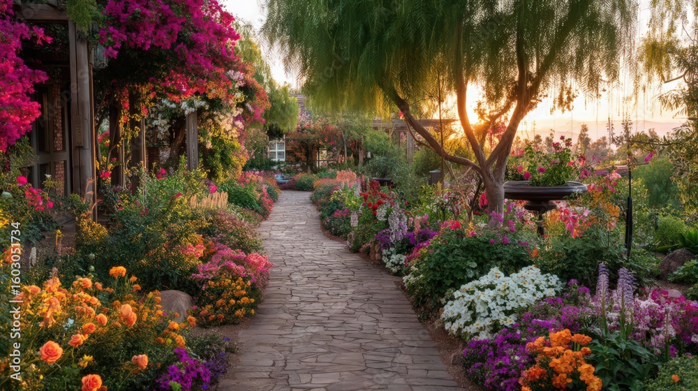Obraz premium Vibrant Botanical Garden Path with Colorful Flowers and Sunset Light