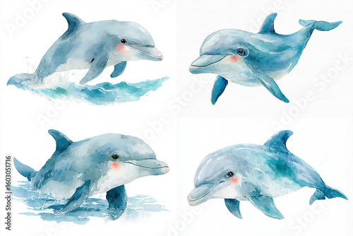 Watercolor Illustrations of Dolphins Swimming in Ocean Waves

