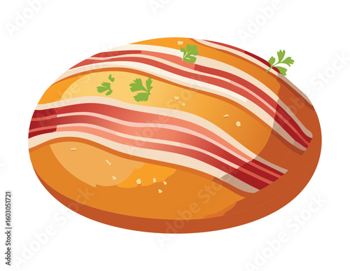 Savory Bacon Bun with Green Garnish Vector Illustration