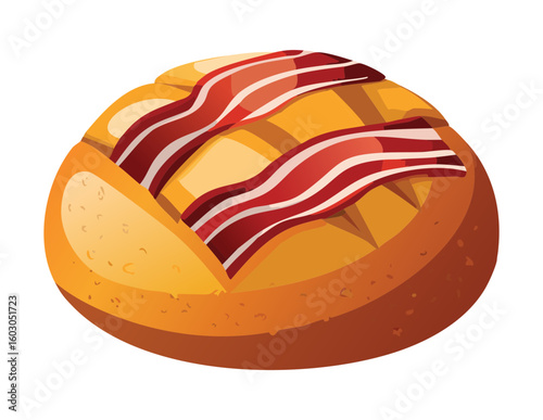Rustic Baked Loaf with Bacon Stripe Topping Vector Illustration