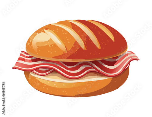 Hearty Burger Bun with Bacon and Cheese Vector Illustration