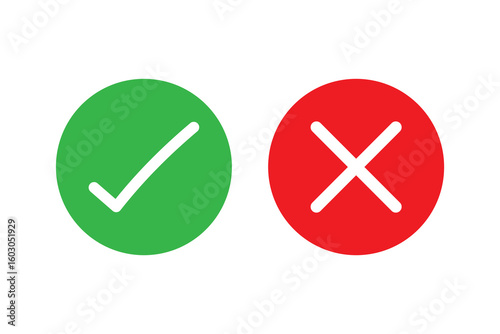 Green check mark and red cross icon set in circle and square. Tick & cross icon button set. Yes or no symbol, approved or rejected icon.