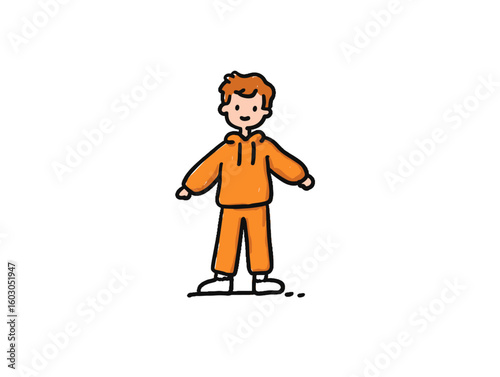 Young boy standing in orange hoodie and sweatpants illustration  