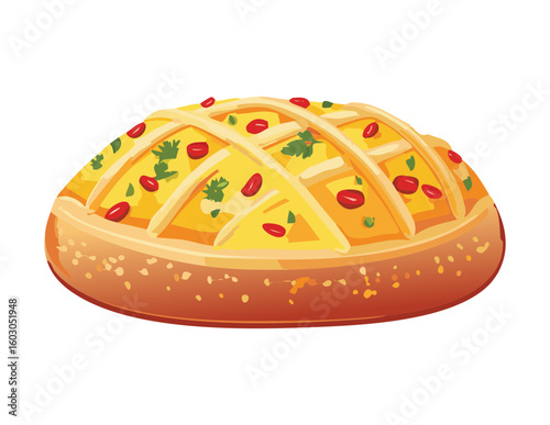 Golden Baked Pie with Vegetable Toppings Vector Illustration