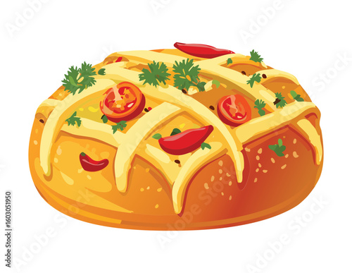 Savory Bread Loaf with Cheese Topping Vector Illustration
