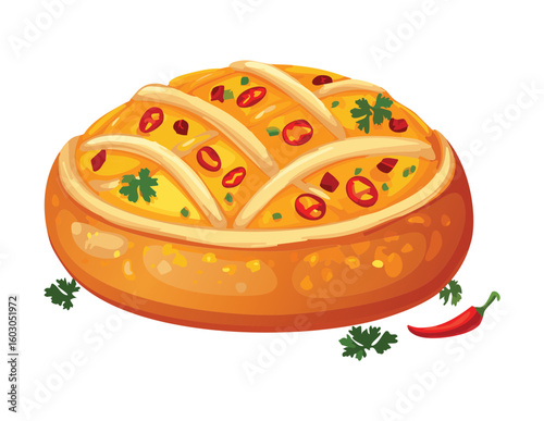 Delicious Savory Round Tart with Chili Peppers Vector Illustration