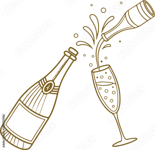 Champagne Bottle Pouring into Glass – Festive Line Art Vector Illustration