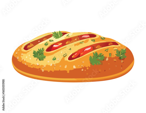Savory Bread Loaf with Sliced Tomato and Herbs Vector Illustration
