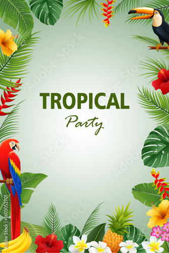 Tropical Hawaiian party invitation with exotic flowers and leaves. Vector illustration.