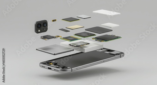 Exploded view of a modern smartphone showcasing its intricate internal components and layered electronic architecture
