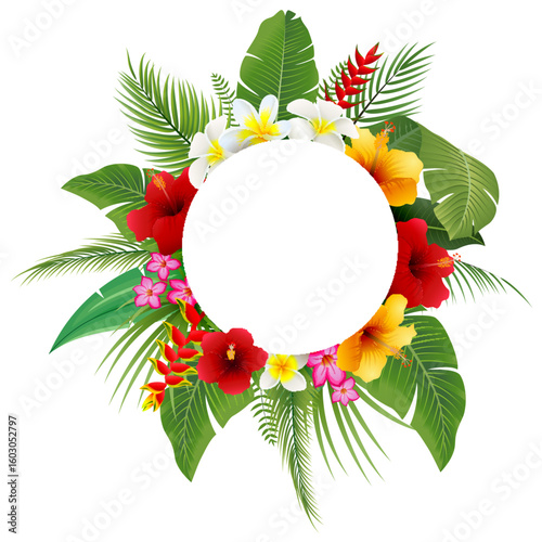 Tropical leaves and flowers round frame on white background. Vector illustration.