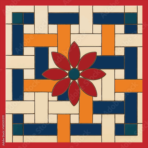 Colorful Floral Tile Design with Geometric Pattern on White Background