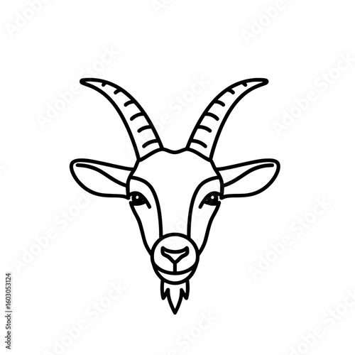 Goat Head Illustration with Long Curved Horns in Monochrome Style