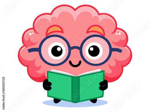 Cute cartoon brain character wearing glasses reading a book