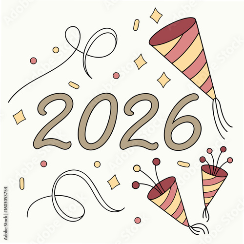 Retro celebration year with party poppers and confetti
